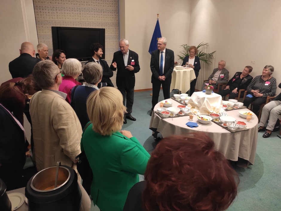 Ebbe Johansen - AGE President - giving an introductory speech at the European Parliament ceremony with MEPs and AGE member organisations